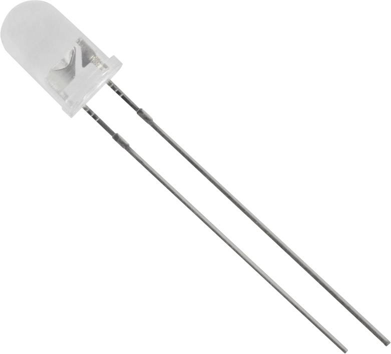 Eine transparente Leuchtdiode mit zwei langen Metallanschlüssen.