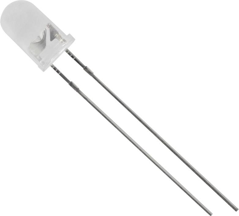Ein transparenter LED-Baustein mit zwei langen Anschlüssen, verwendet in elektronischen Schaltungen zur Beleuchtung oder Signalisierung.