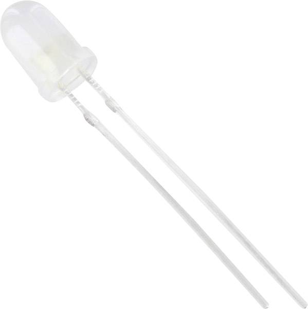 Eine kleine LED mit zwei Anschlussbeinen auf weißem Hintergrund.