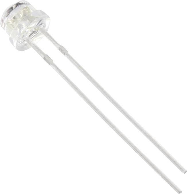 Eine transparente LED mit zwei langen, starren Metallanschlüssen, geeignet für elektronische Schaltungen und Lichtprojekte.