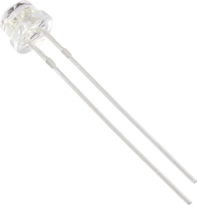 Eine durchsichtige LED mit zwei langen Anschlussdrähten für elektrische Verbindungen.