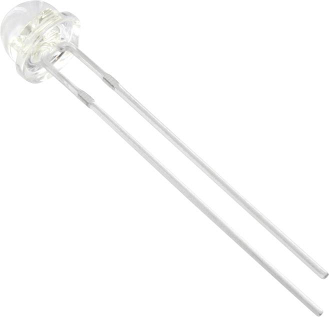 Weiße LED-Diode mit zwei langen Metallanschlüssen, die für die elektrische Verbindung genutzt werden. Geeignet für Elektronikprojekte.