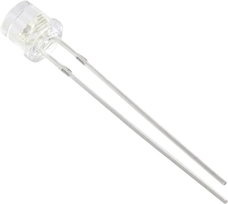 Ein transparentes LED-Diodenbauteil mit zwei langen Metallbeinen, das in elektronischen Schaltungen zur Lichterzeugung verwendet wird.