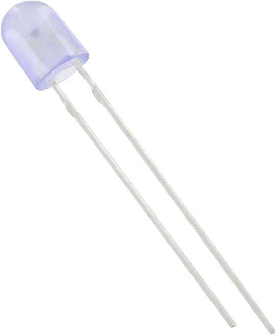 Eine blaue LED mit zwei langen Metalldrähten, die zum Löten in eine elektrische Schaltung verwendet wird.