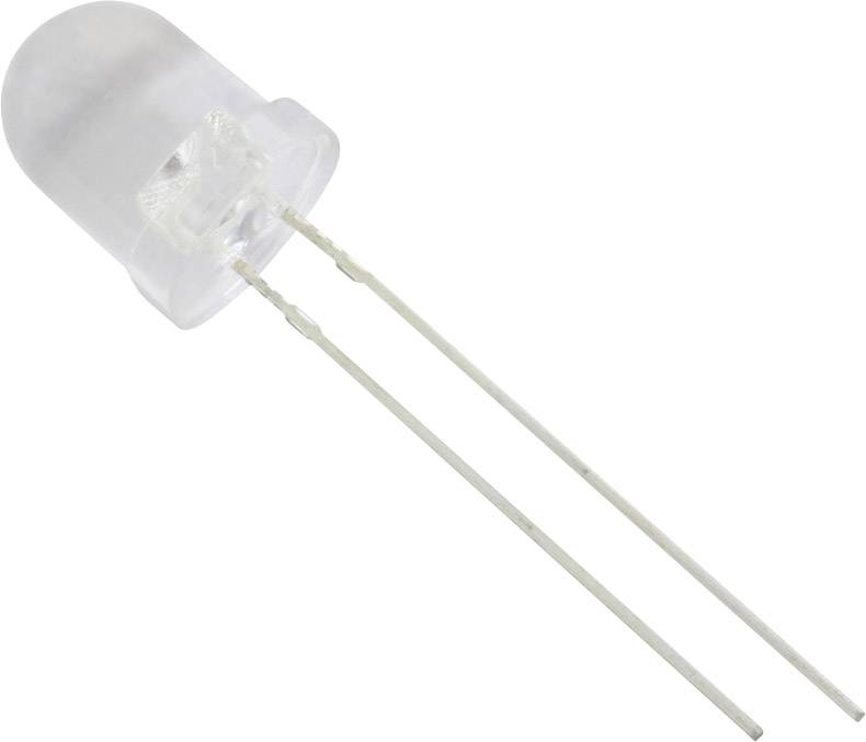 Eine transparente LED mit zwei Metallpins, die zur Stromversorgung dienen.