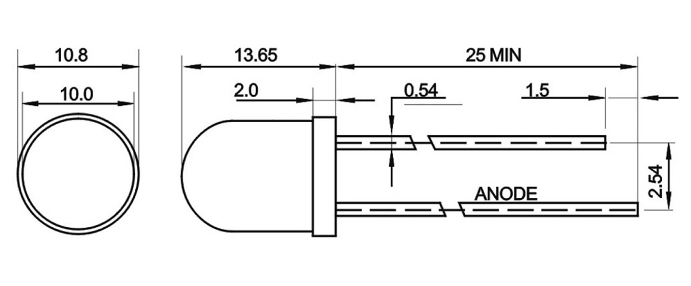 Technische Zeichnung einer LED mit Maßen: Länge 25 mm, Durchmesser 10 mm. Anodenanschluss markiert.