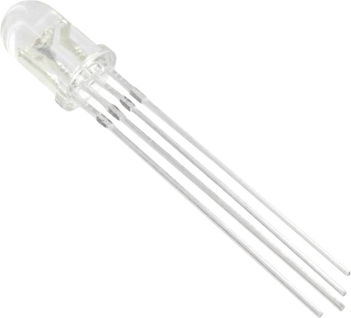 Ein transparenter LED mit vier Anschlussdrähten, geeignet für elektronische Schaltungen und Beleuchtungsanwendungen.