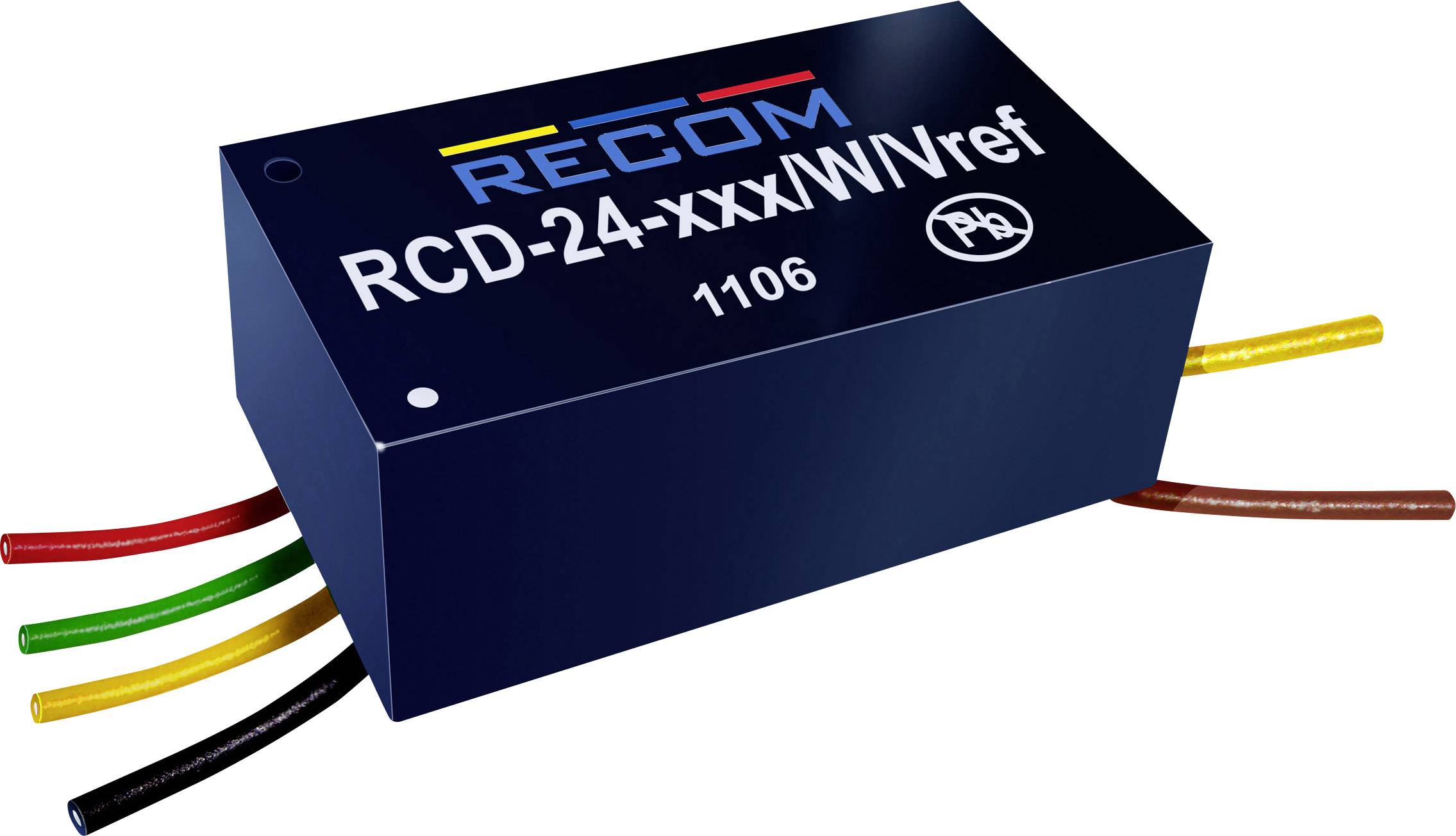 Rechteckiger, schwarzer Elektronikbaustein mit seitlichen Kabeln in verschiedenen Farben. Beschriftet mit 'RECOM RCD-24-xxx/WVref'.