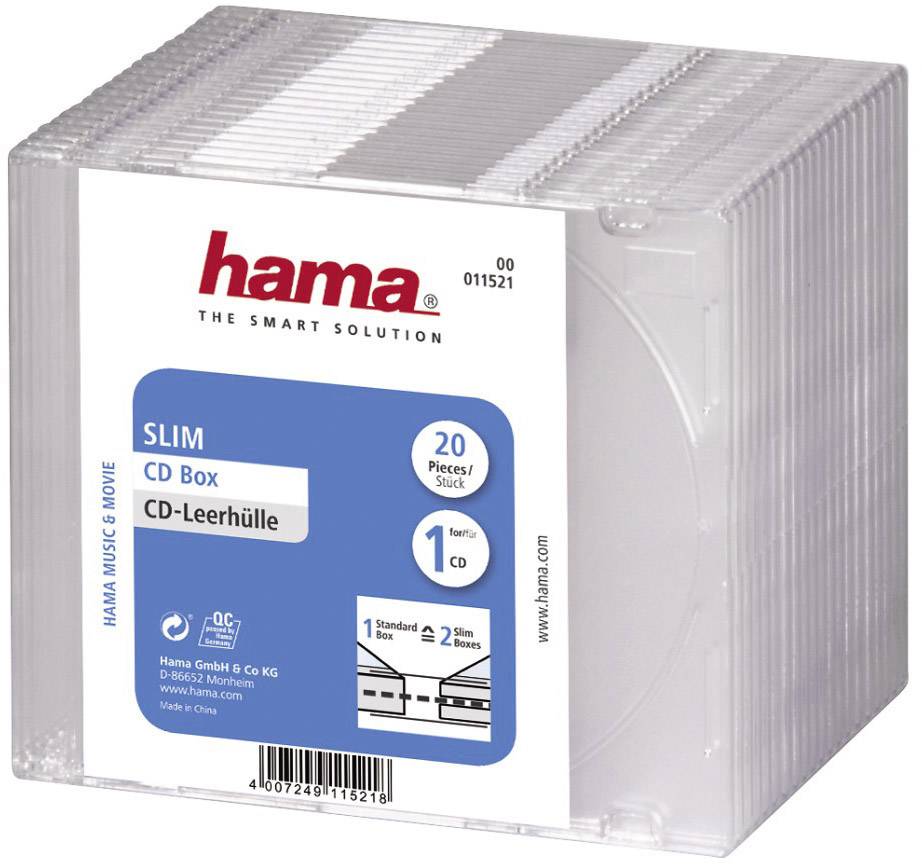 Hama CD-Leerhülle, slim, 20 Stück, für 1 CD, transparent, stapelbar, geeignet zum Schutz und zur Archivierung von CDs.
