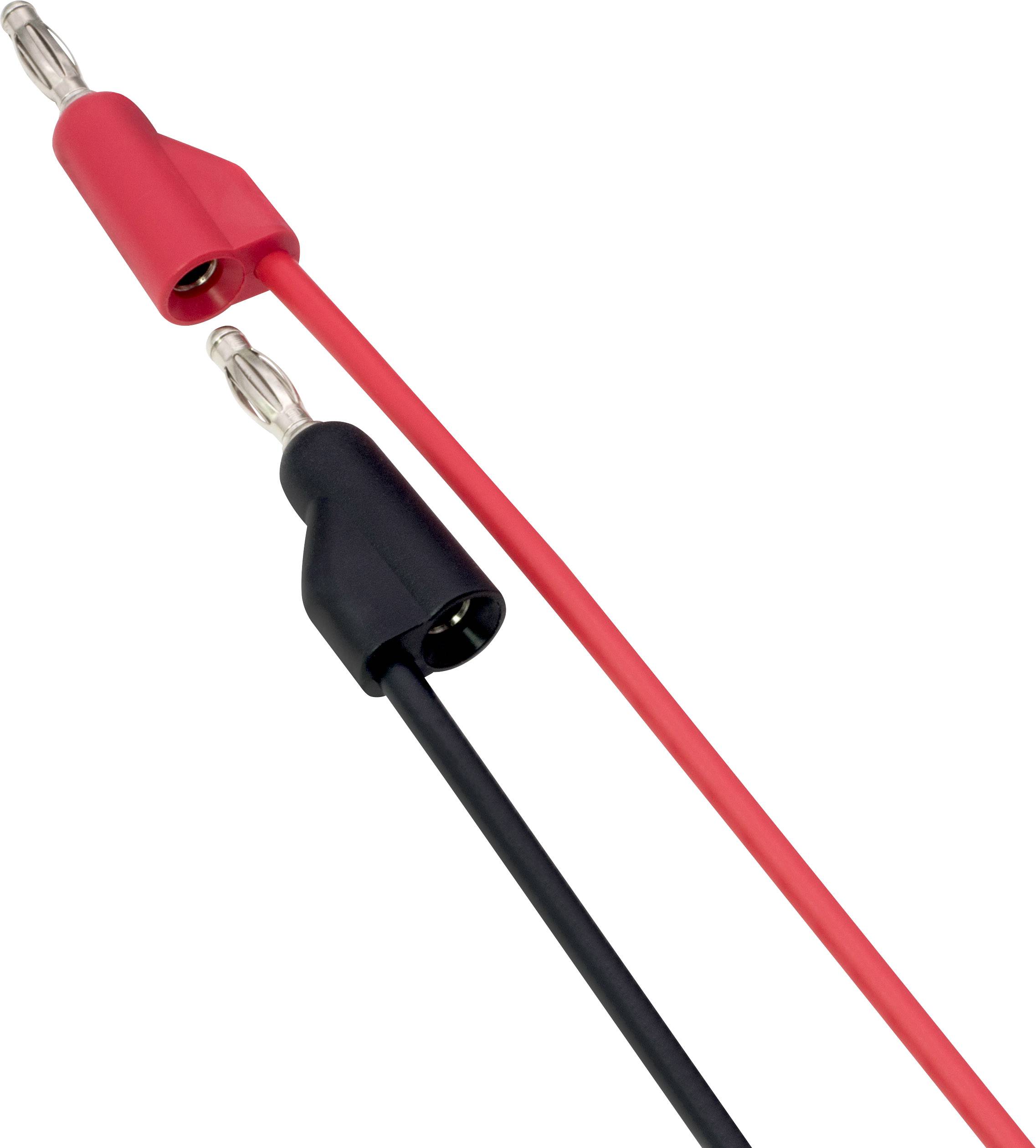 Rotes und schwarzes Lautsprecherkabel mit Bananensteckern, zum Anschluss von Audiogeräten.