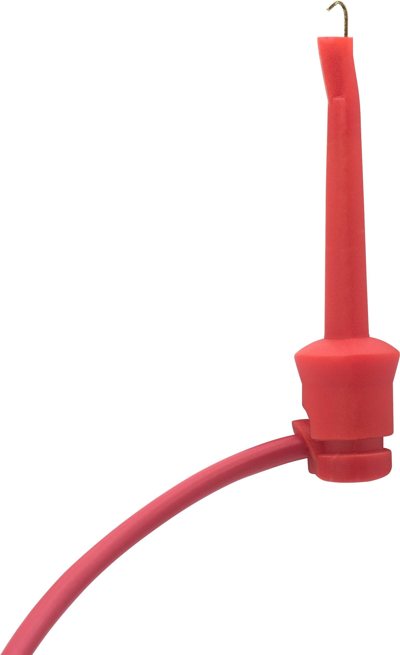 Roter Testhaken mit Kabel, zum elektrischen Testen und Messen von Stromkreisen in technischer oder elektronischer Umgebung.