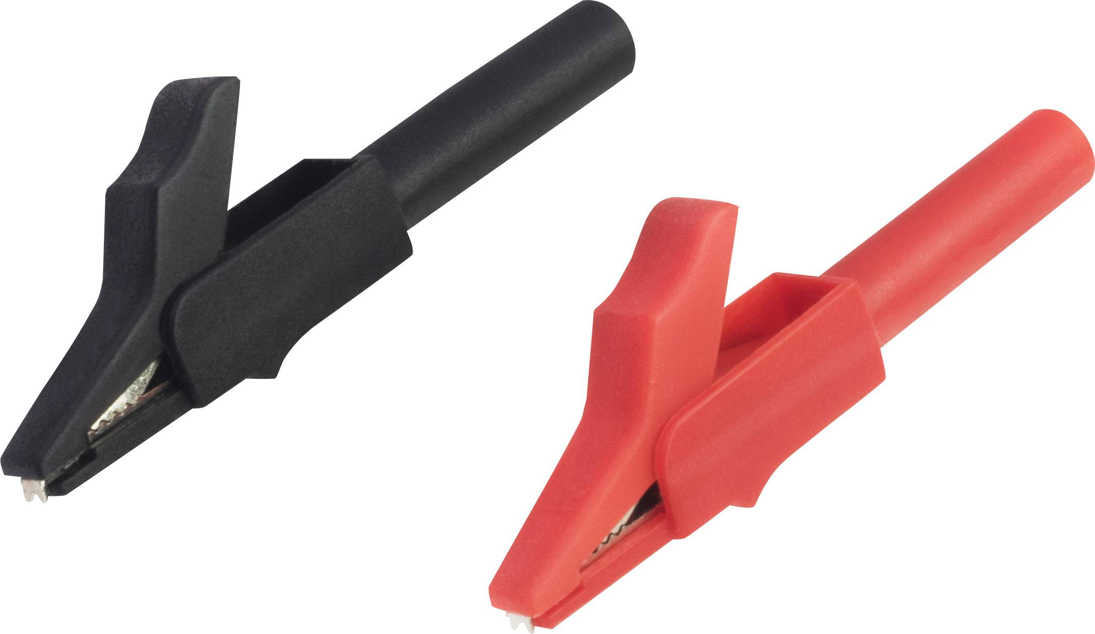 Zwei Prüfspitzen, eine schwarz, eine rot, mit Clips zum sicheren Kontakt in elektrischen Messungen.