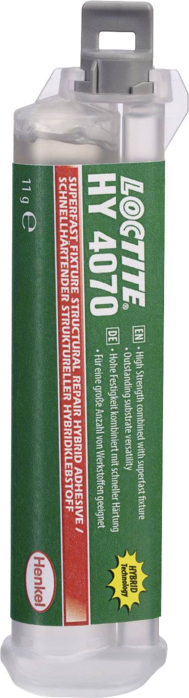 Klebstoffkartusche mit der Aufschrift 'Loctite HY 4070'. Enthält 11g Strukturklebstoff für schnelle Reparaturen, wasserfest, transparenter Kleber.