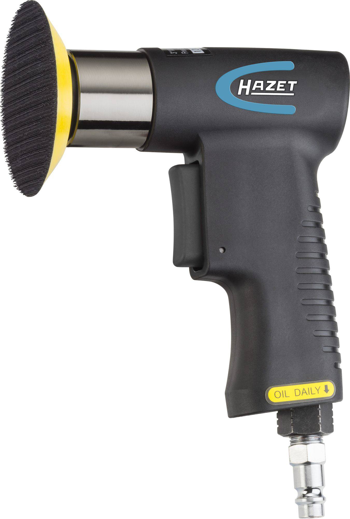 Luftbetriebene Poliermaschine in Schwarz mit gelbem Polierteller, Marke 'Hazet', Griff mit Ergonomie-Details, Anschluss für Druckluft.