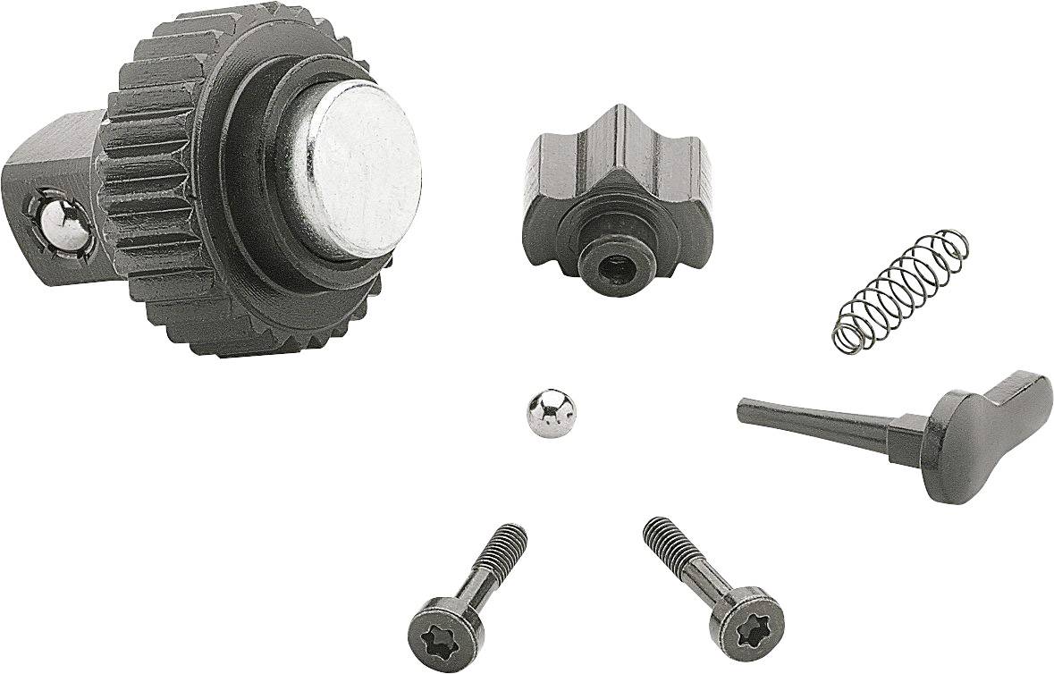 Ein zerlegter Bolzenverschluss mit Schrauben, Feder und Einzelteilen, die Reparatur- oder Montageprozesse anzeigen.