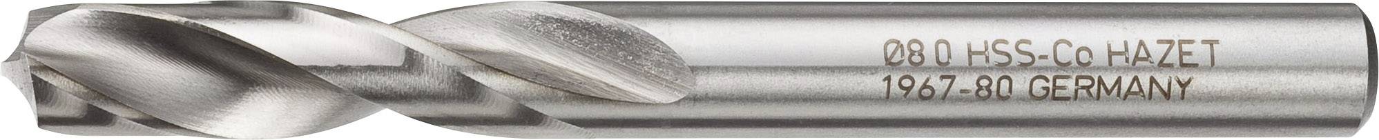 Ein metallischer Bohrer mit der Aufschrift '080 HSS-Co HAZET 1967-80 GERMANY' auf der Seite, zeigt seine Herkunft und Materialzusammensetzung.