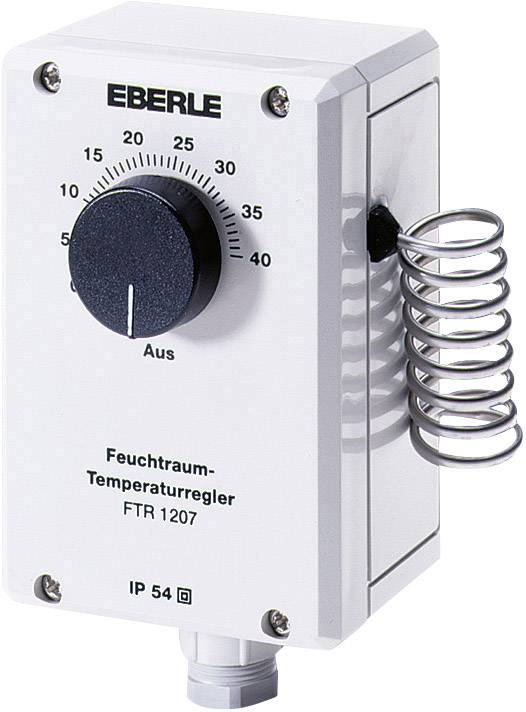 Ein weißer Feuchtraum-Temperaturregler der Marke Eberle, Modell FTR 1207, mit einem schwarzen Drehknopf zur Temperatureinstellung.