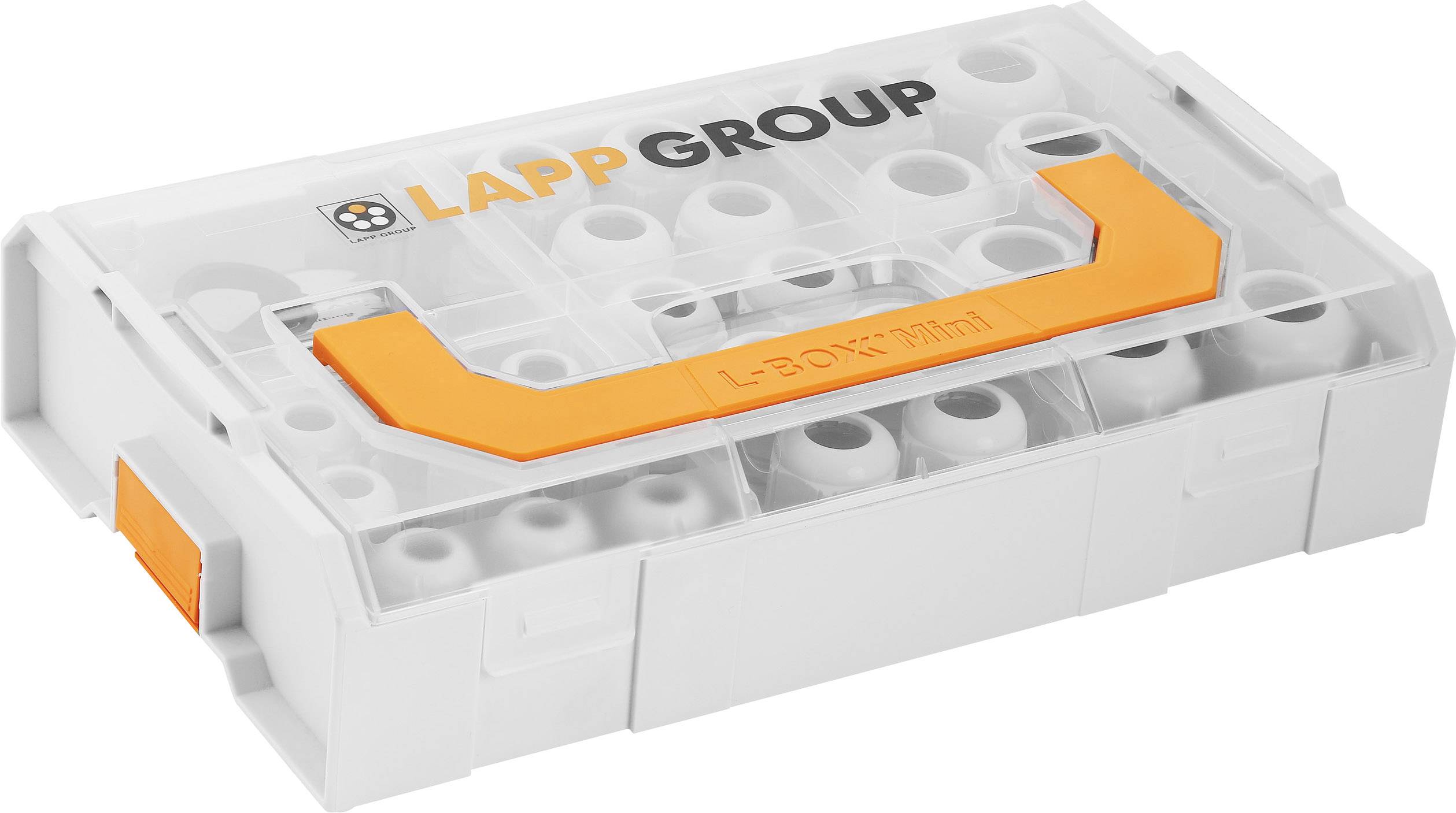 Kunststoffbox mit orangefarbenem Griff, beschriftet mit 'LAPP Group'. In der Box sind mehrere Fächer mit weißen Kunststoffstücken.