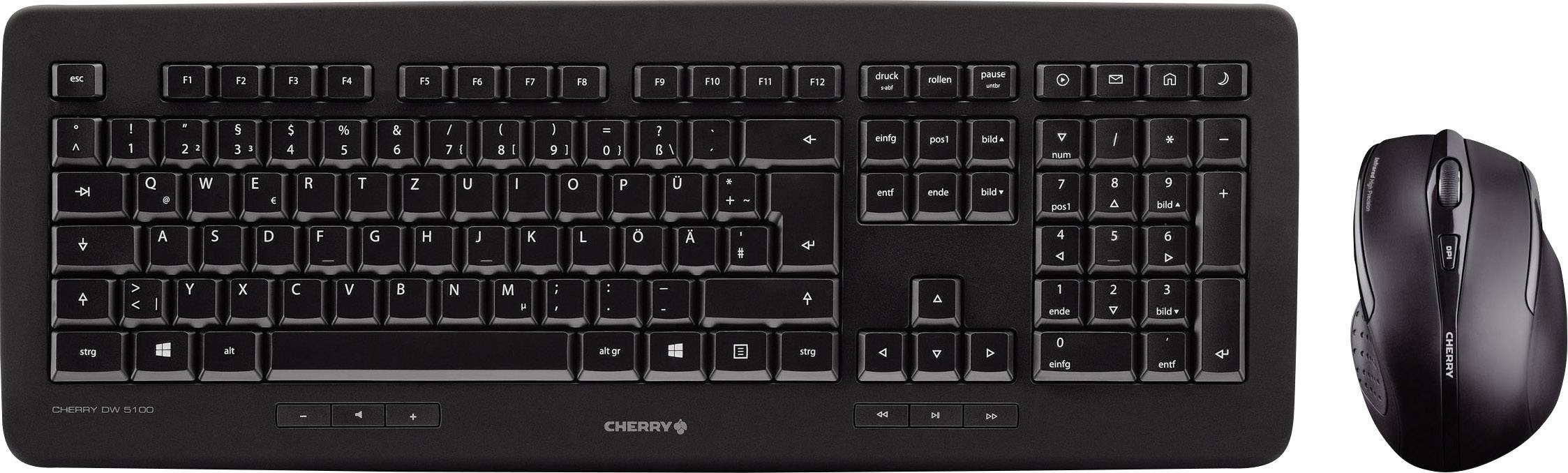 Schwarze QWERTZ-Tastatur und Maus-Set auf weißem Hintergrund, geeignet für Computerarbeit im Büro oder Zuhause.