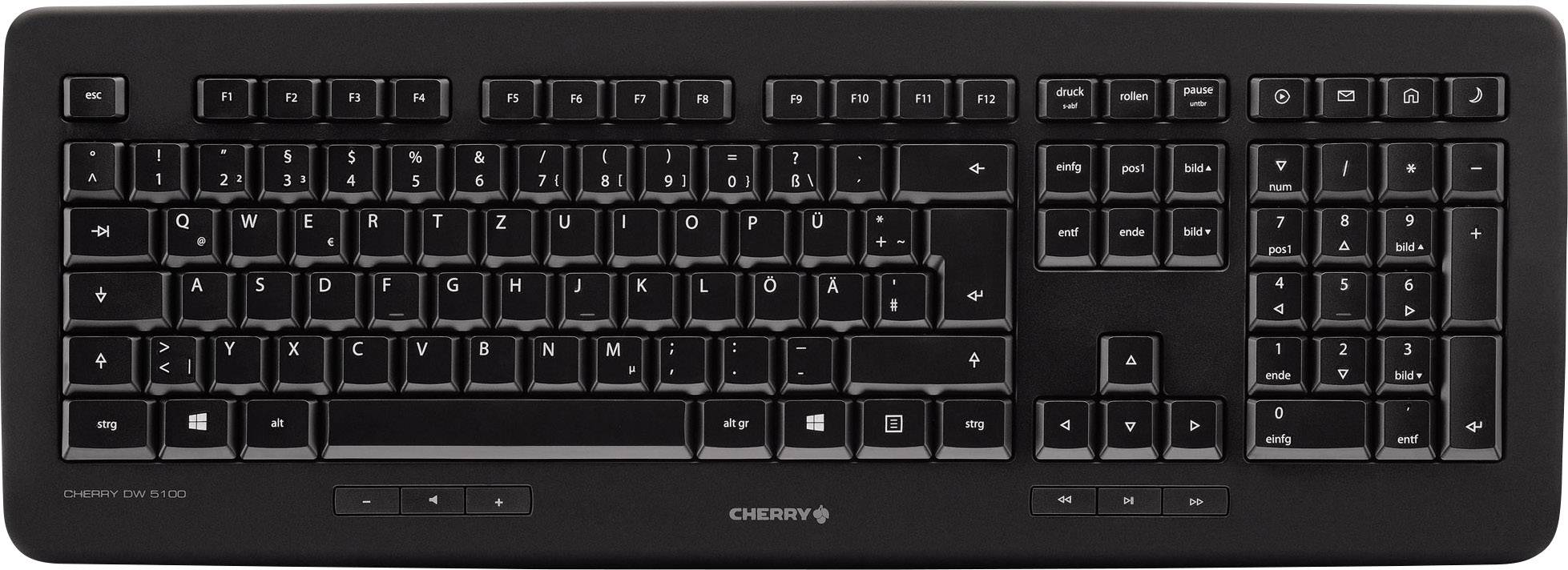 Schwarze Computertastatur mit deutschem QWERTZ-Layout und Nummernblock. Enthält Funktionstasten und Navigationspfeile.