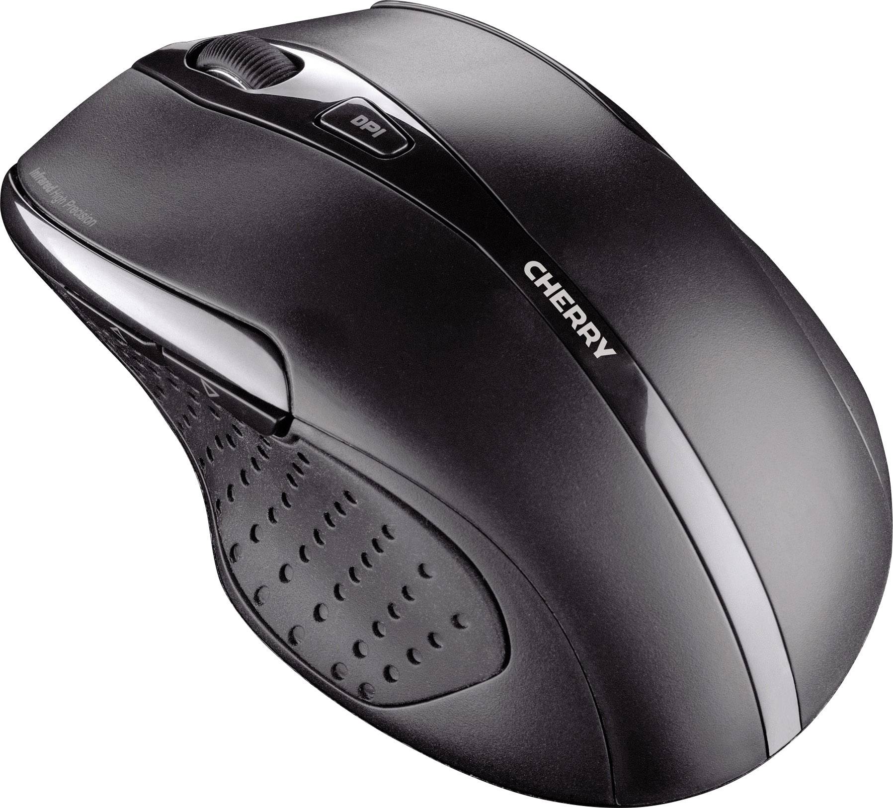 Drahtlose schwarze Computermaus mit ergonomischem Design und einer DPI-Taste oben. Marke 'Cherry' an der Seite sichtbar.