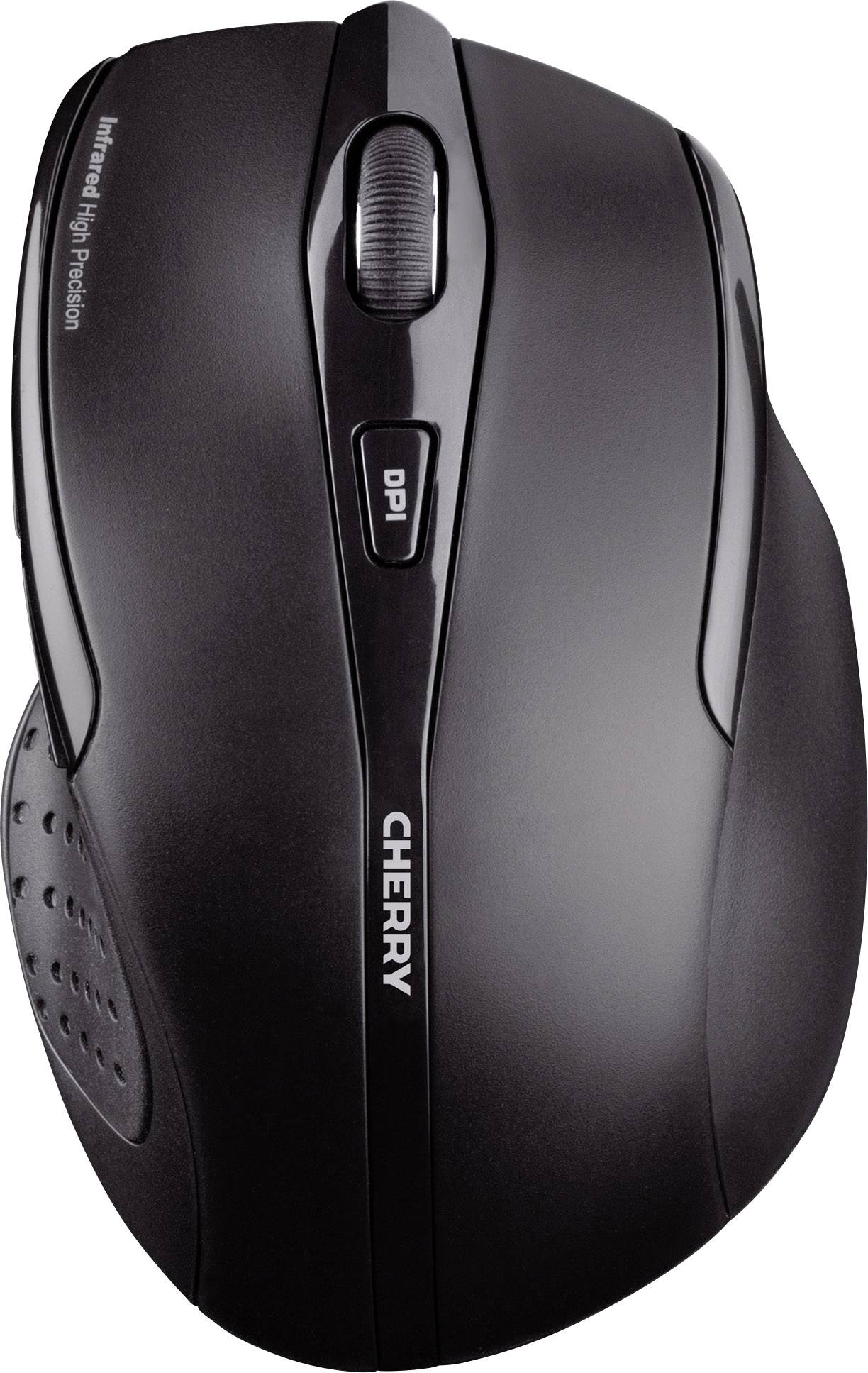 Kabellose schwarze Computermaus mit Scrollrad und DPI-Taste auf der Oberseite, Markenname 'CHERRY' seitlich sichtbar.