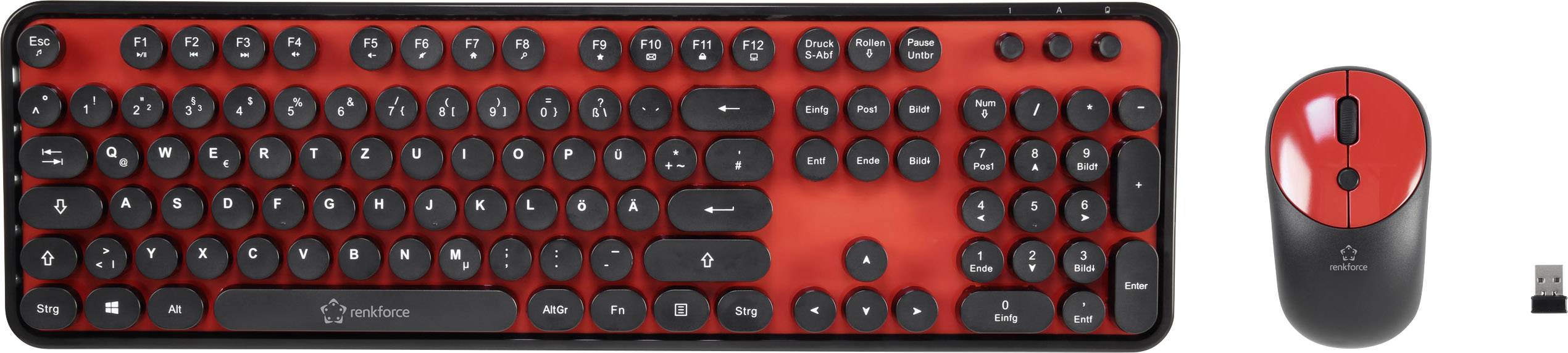 Renkforce RF-DS-RETRO Funk Tastatur, Maus-Set Deutsch, QWERTZ Schwarz, Rot