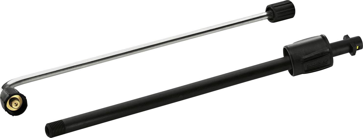 Zwei unterschiedlich geformte Düsen für Hochdruckreiniger; eine verstellbare schwarze Kunststoffdüse und eine gebogene metallische Düse.