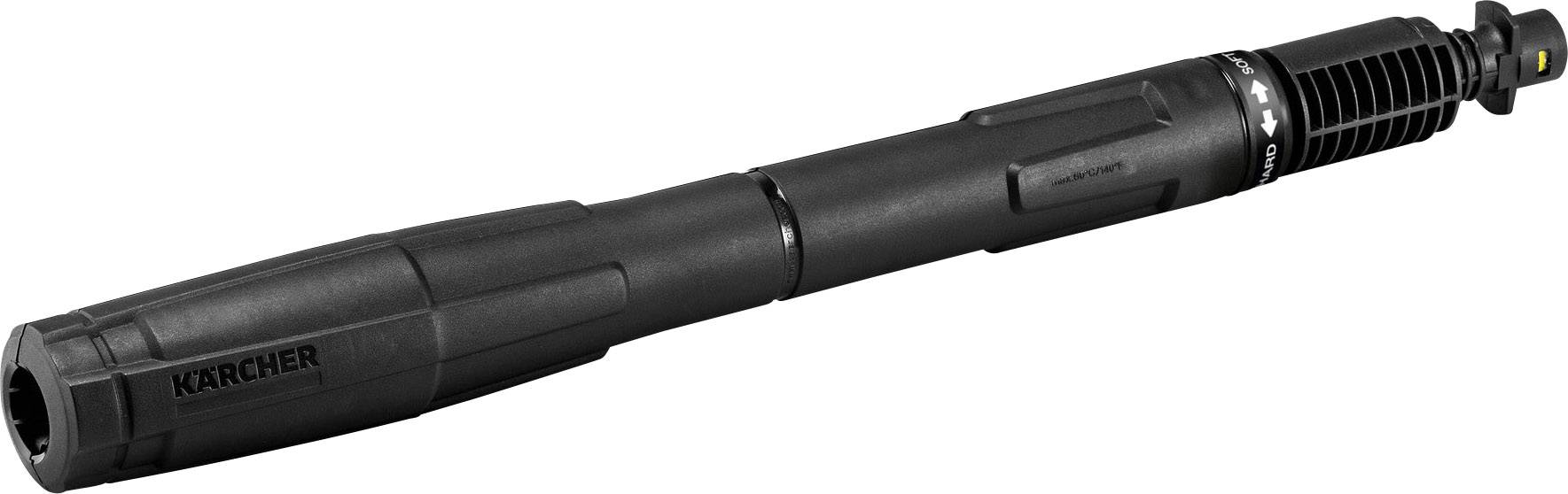 Hochdruckreiniger-Sprühlanze der Marke Kärcher, aus schwarzem Material, mit Justierrad und Anschluss für den Wasserschlauch.