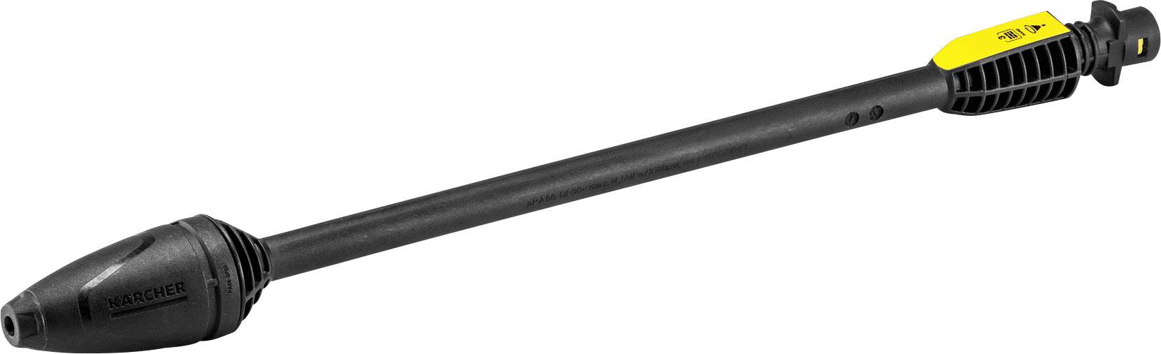 Ein schwarzer Hochdruckreiniger-Lanze mit gelbem Griffteil, das 'Kärcher' markiert ist, zeigt eine robuste und ergonomische Form.