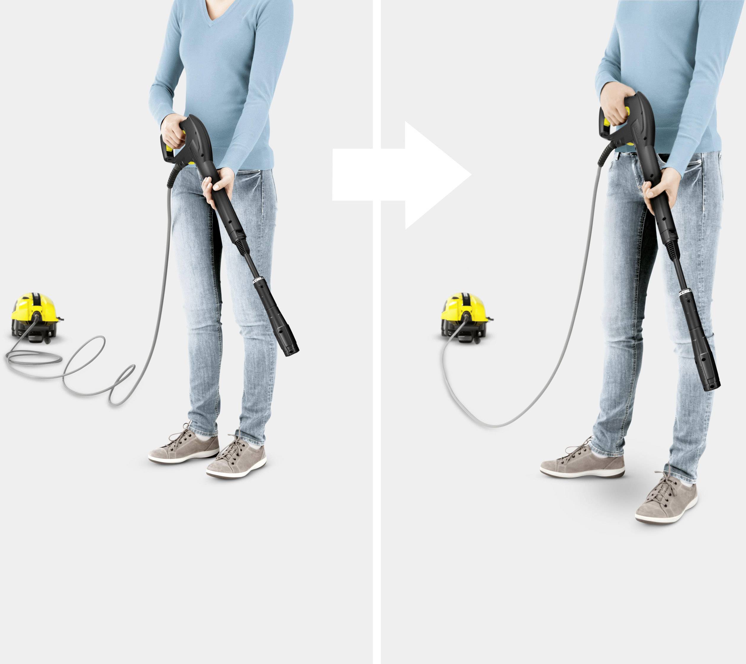 Person hält einen Dampfreiniger, links in Betriebsmodus mit Dampf, rechts ohne Dampf. Gerät steht auf dem Boden, Kabel sichtbar.