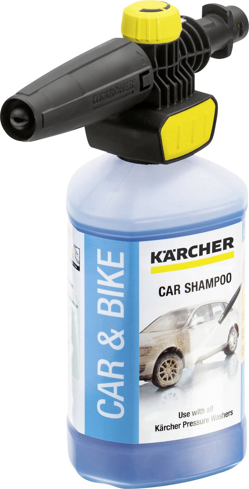'Kärcher Car & Bike Shampoo' Flasche mit Aufsatz für Hochdruckreiniger, geeignet zum Reinigen von Autos und Fahrrädern.