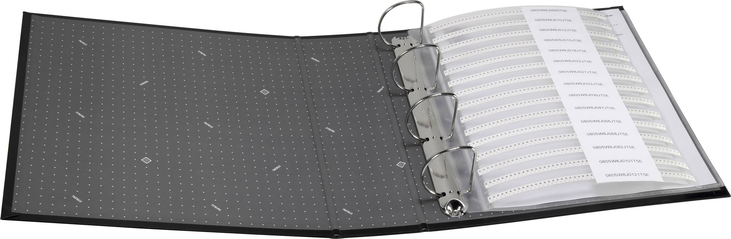 Offener Ringordner mit transparenten Hüllen, die kleine elektronische Bauteile in Reihen enthalten.