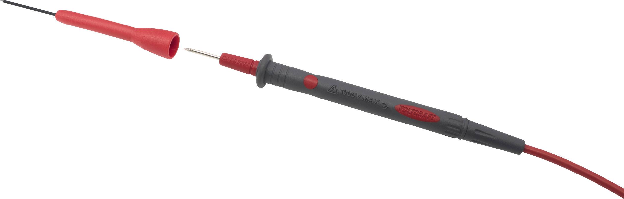 Rotes Prüfspitzen-Messwerkzeug mit schwarzem Griff und Schutzkappe. Verwendet zur elektrischen Spannungserkennung.