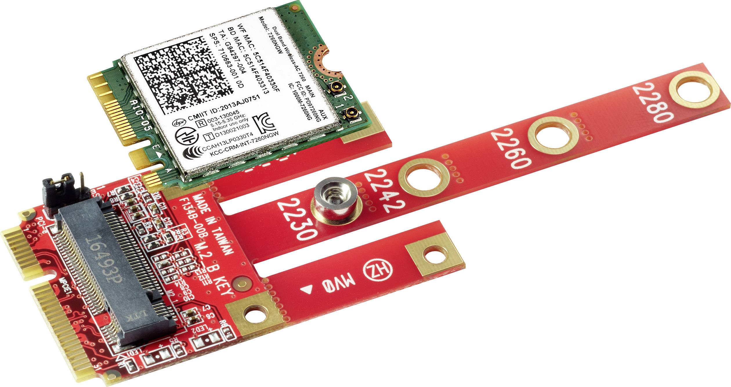 Rote Schnittstelle für M.2- und Mini-PCIe-Steckkarten, zeigt Montagepunkte für verschiedene Kartenlängen, auf weißem Hintergrund.