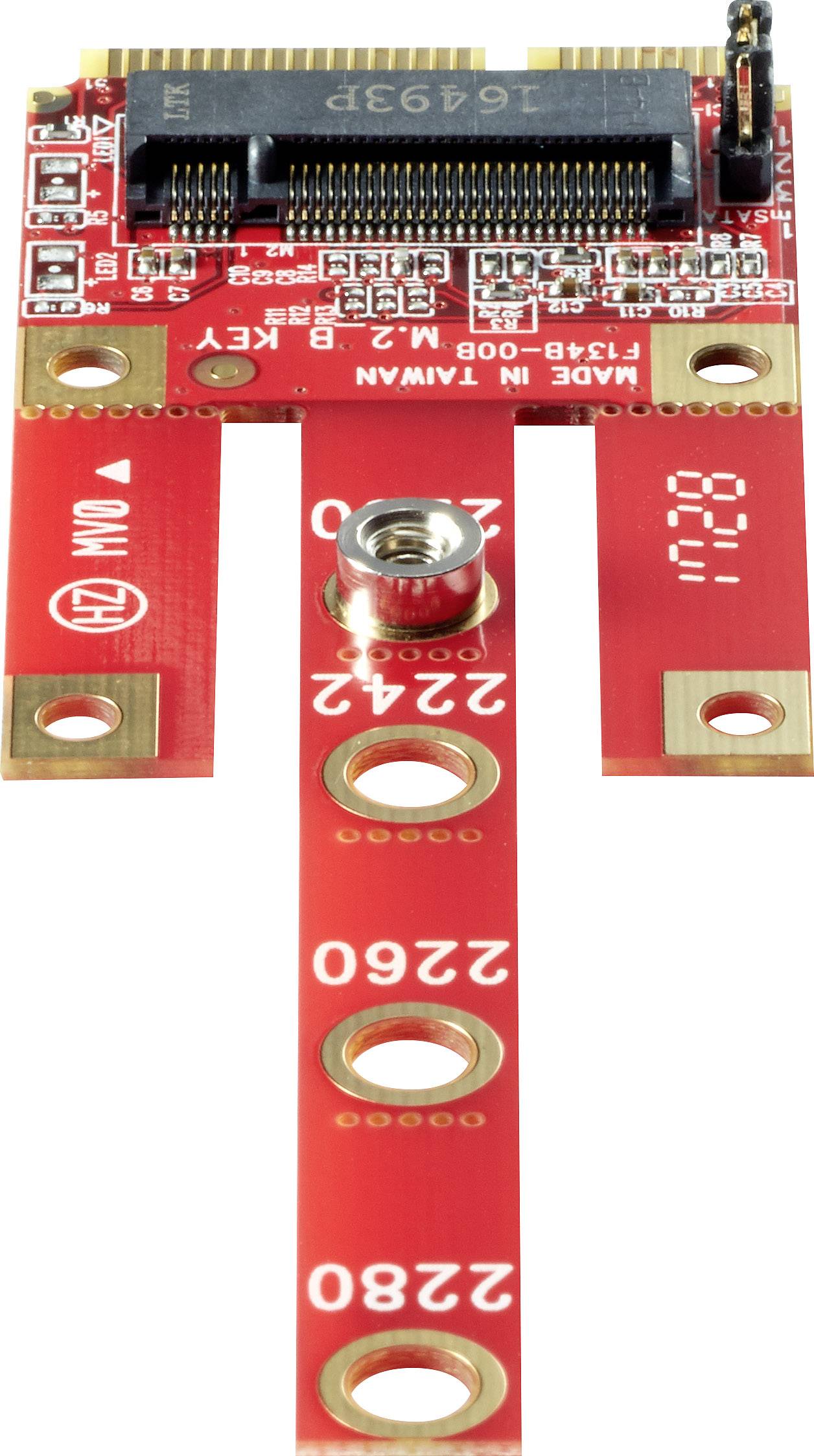 Rote elektronische Platine mit mehreren nummerierten Löchern und Anschlüssen, die zur Montage oder Verbindung von Komponenten dienen. Text 'MADE IN TAIWAN' sichtbar.