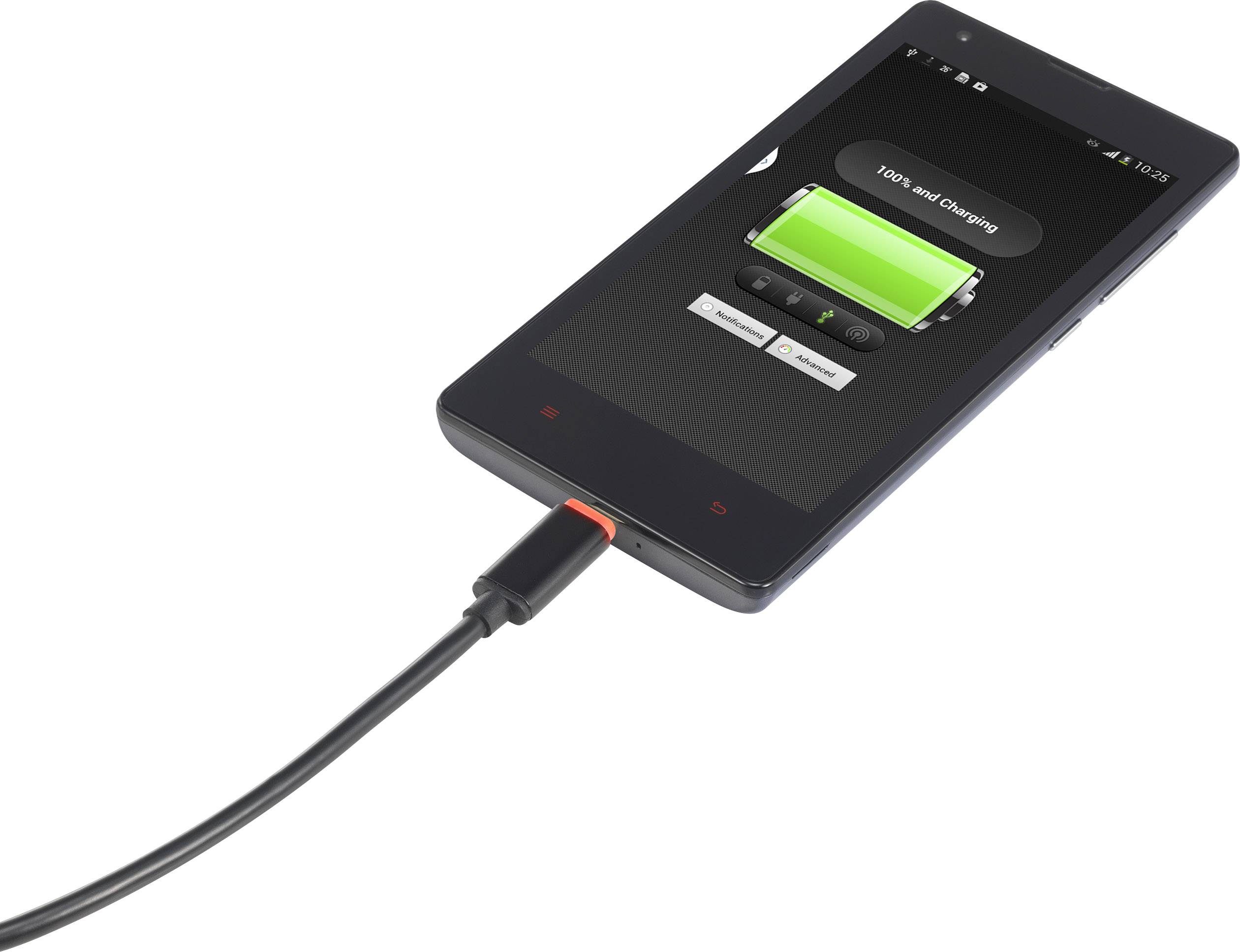 Smartphone wird aufgeladen, Ladestand bei 100 Prozent, Bildschirm zeigt Ladesymbol und '100% and charging'.