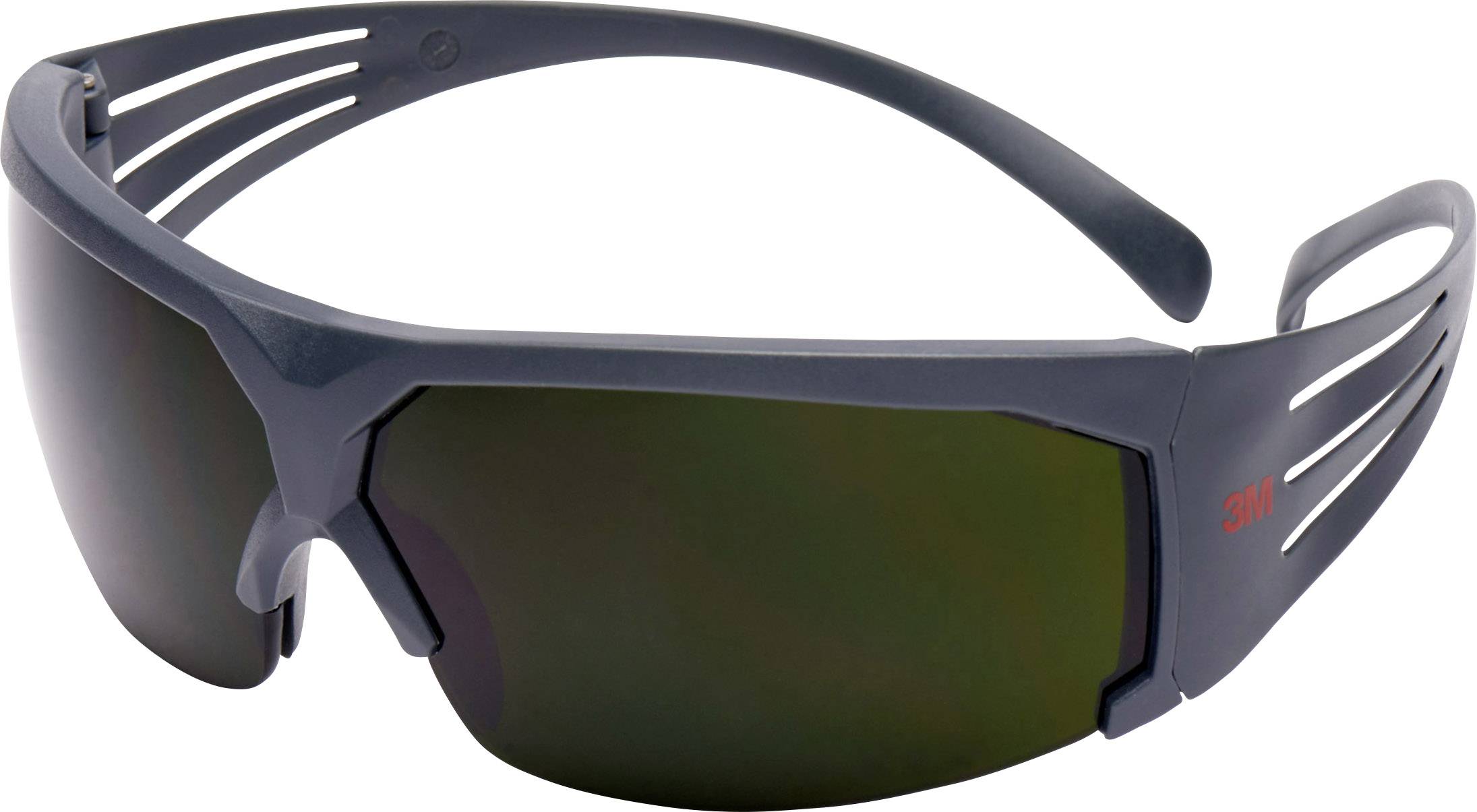 Graue Schutzbrille mit getönten Gläsern und seitlichen Belüftungsschlitzen. Geeignet für den Einsatz in industriellen Umgebungen.