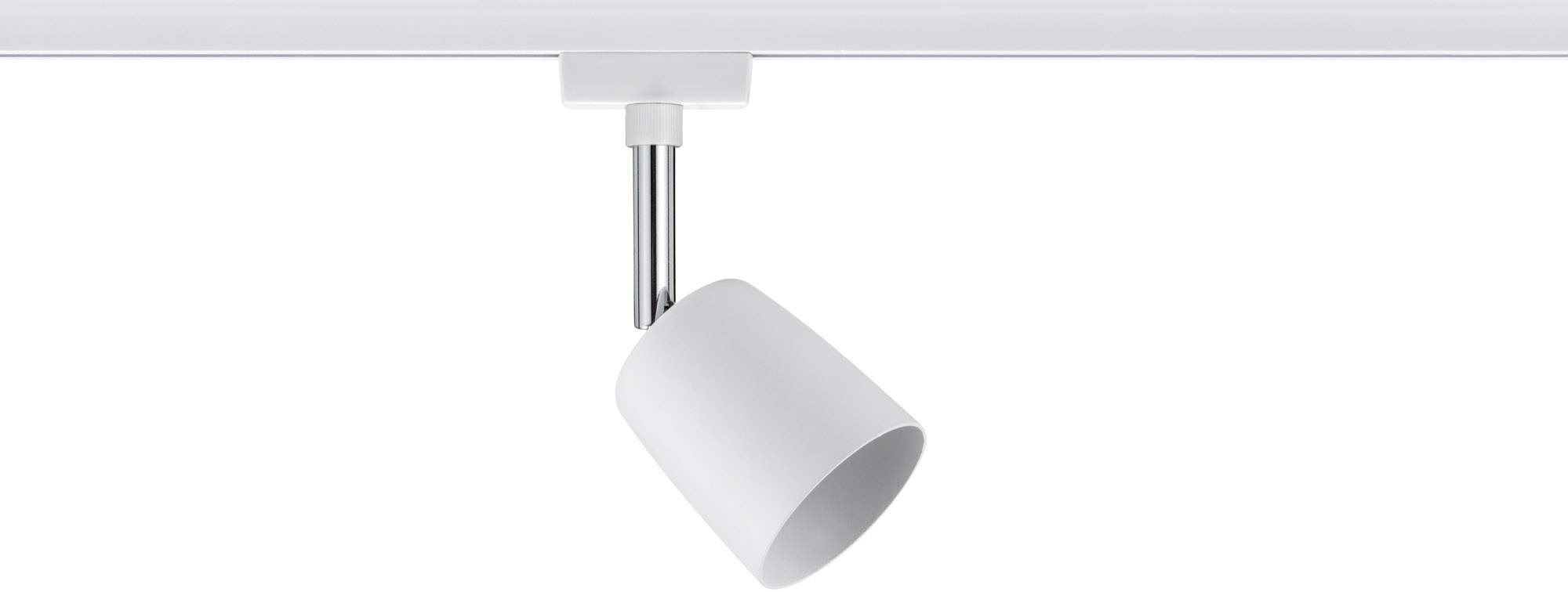 Ein weißer Schienenstrahler ist an einer Decke montiert. Die Lampe ist zylinderförmig und nach unten gerichtet.