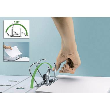 Eine Hand nutzt einen Hebelmechanismus, um ein Blatt Papier in einem Aktenordner zu öffnen. Ein Diagramm zeigt, wie der Hebel sich um 180° öffnet.