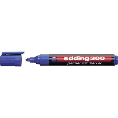 Blauer Permanentmarker Edding 300 mit geöffnetem Deckel, liegt horizontal. Aufschrift: 'edding 300 permanent marker'.