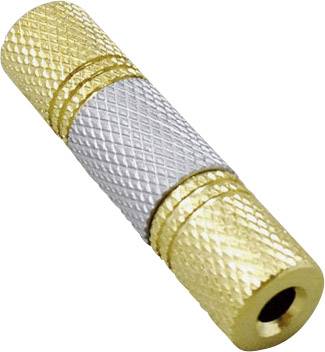 Goldener und silberner Stereo-Audioadapter mit 3,5-mm-Anschlüssen an beiden Enden. Verbindet zwei Audiokabel miteinander.