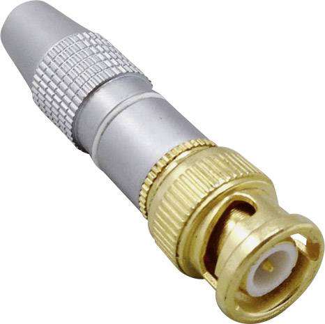 Ein gold-silberner BNC-Stecker, typisches Bauteil für Koaxialkabel-Verbindungen, zur Datenübertragung in Kommunikationssystemen.