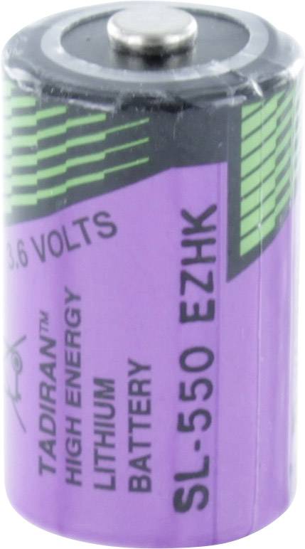 Lila Lithiumbatterie mit schwarzem Text: 'Tadiran High Energy', '3.6 Volts', 'SL-550 EZHK'.