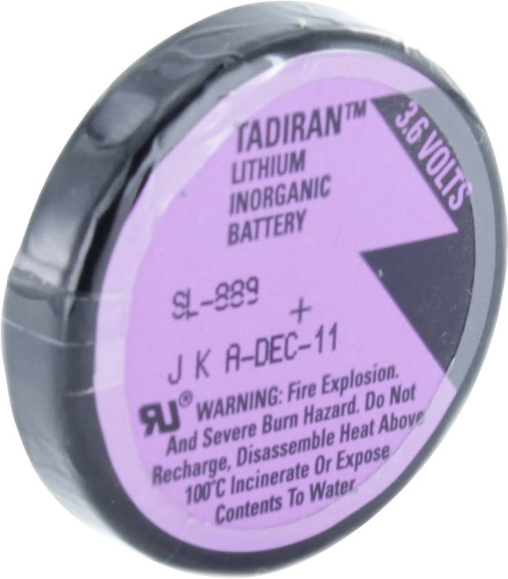 Runde Lithiumbatterie mit der Aufschrift 'Tadiran', 3,6 Volt. Warnhinweise: Explosionsgefahr, nicht wiederaufladen oder zerlegen.