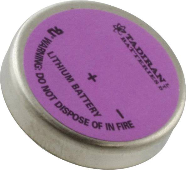 Lithium-Knopfzellenbatterie von Tadiran mit Warnhinweis 'Don't dispose of in fire'.
