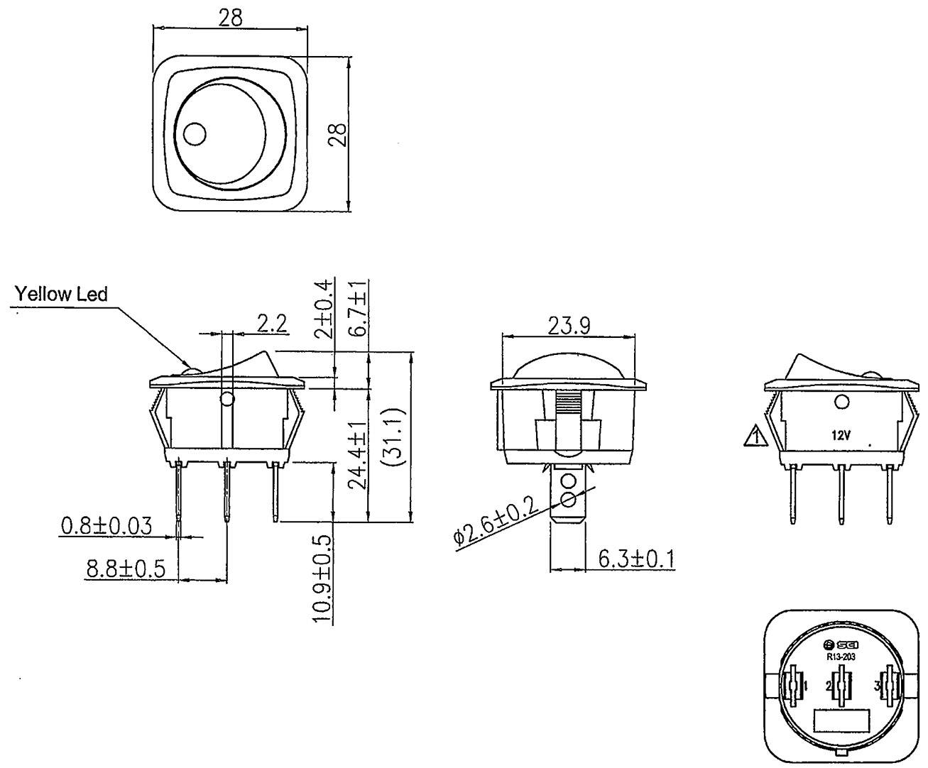 TRU Components 1587565 Kfz-Wippschalter TC-R13-203L-SQ YELLOW 12 V/DC 25A 1 x Aus/Ein rastend 1St.