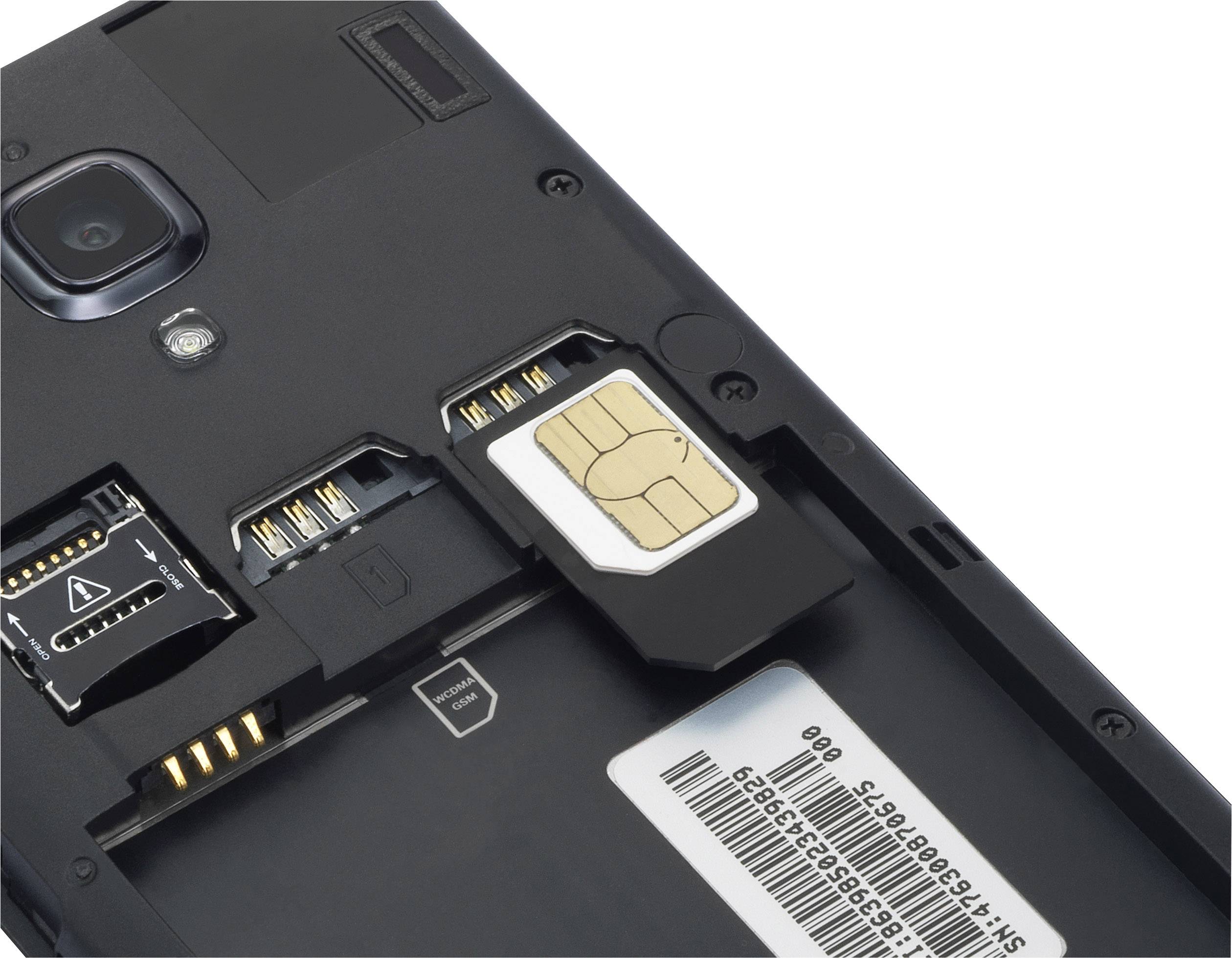 Ein entnommenes SIM-Kartenfach in einem Smartphone zeigt eine eingelegte SIM-Karte.