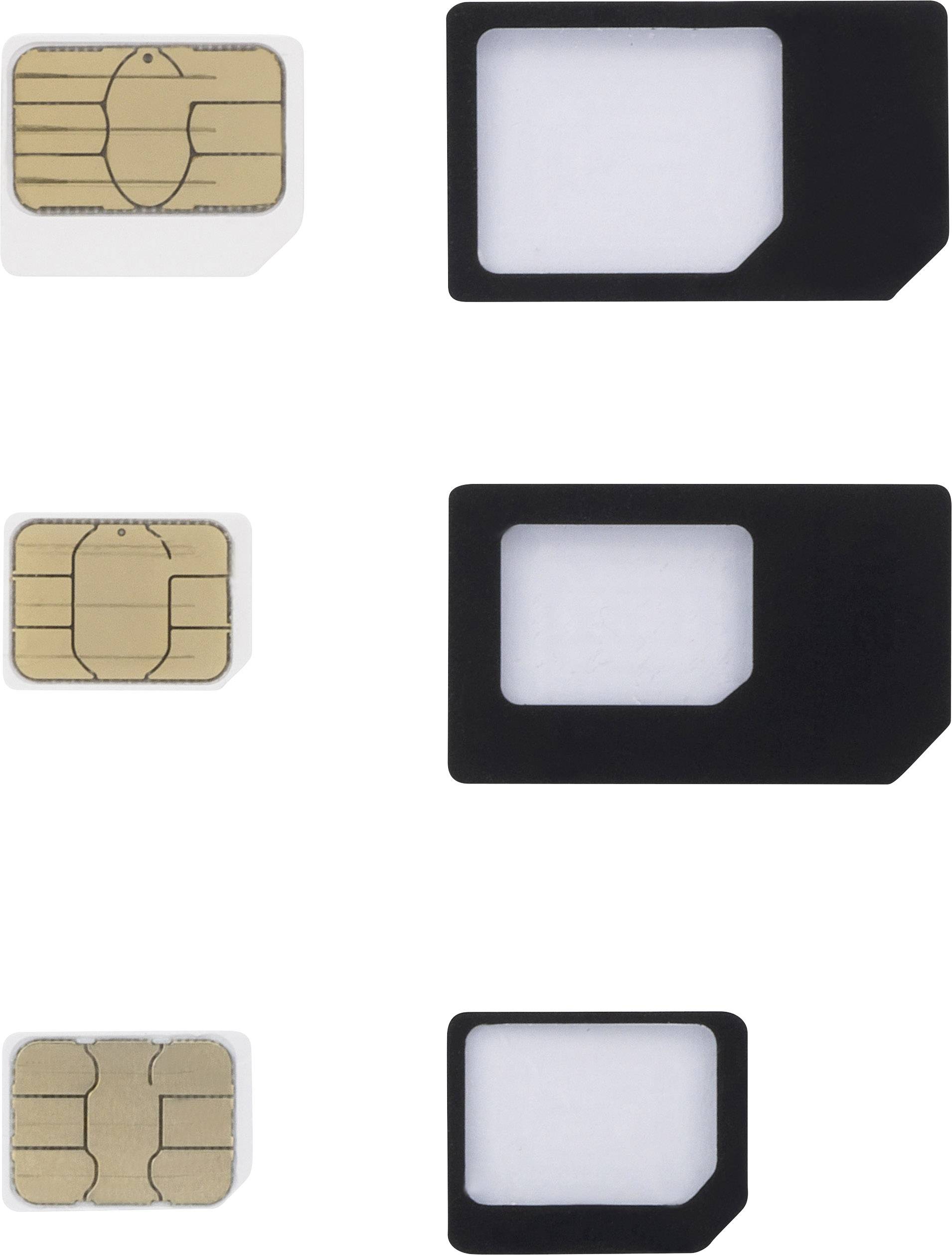 Das Bild zeigt drei SIM-Karten in verschiedenen Größen: Nano, Micro und Standard, jeweils neben einem passenden Adapter.