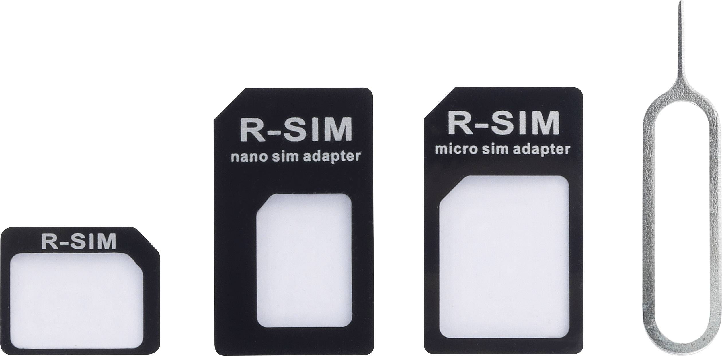 Verschiedene SIM-Kartenadapter und ein SIM-Karten-Entfernungstool nebeneinander aufgereiht.